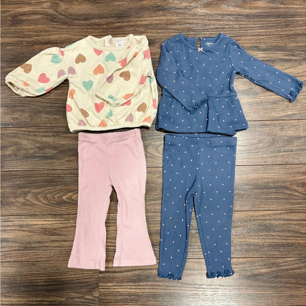 Carter’s 12M Girls Set 2-Piece Outfits Bundle – Hearts & Polka Dots